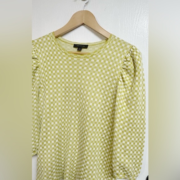 Ann Taylor Sweater Top Chartreuse Green Check Luxe Puff Sleeve Size M - Picture 2 of 6